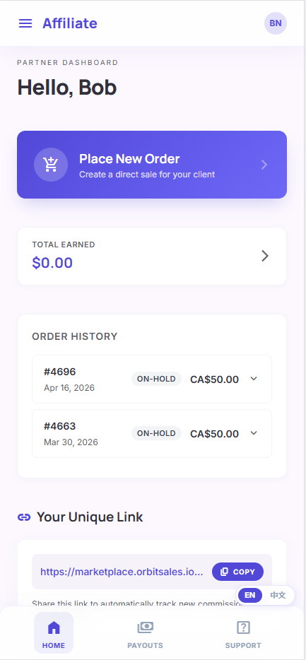 The Orbit Sales Affiliate App partner dashboard: place a new order, total earned, order history, and a unique referral link.