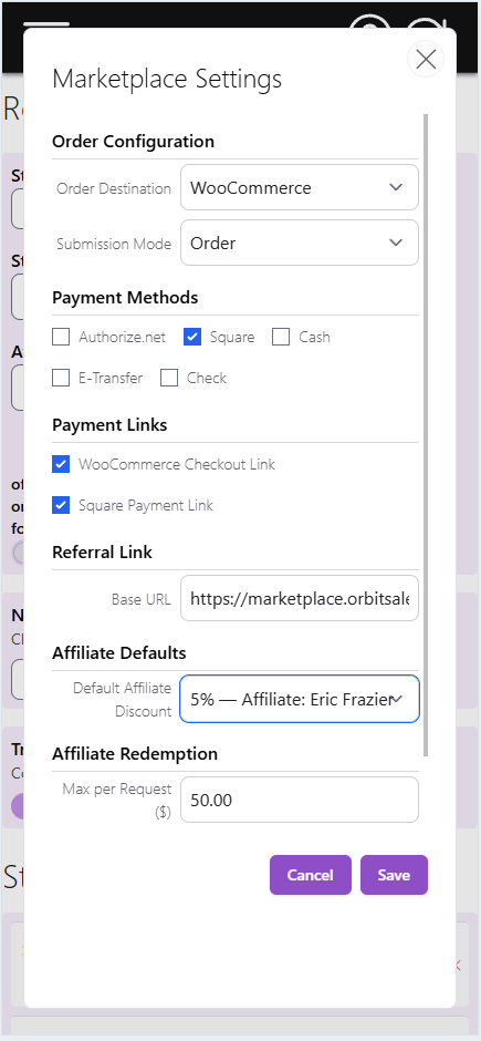 Marketplace settings in Orbit Sales: order destination, payment methods, payment links, and affiliate defaults.