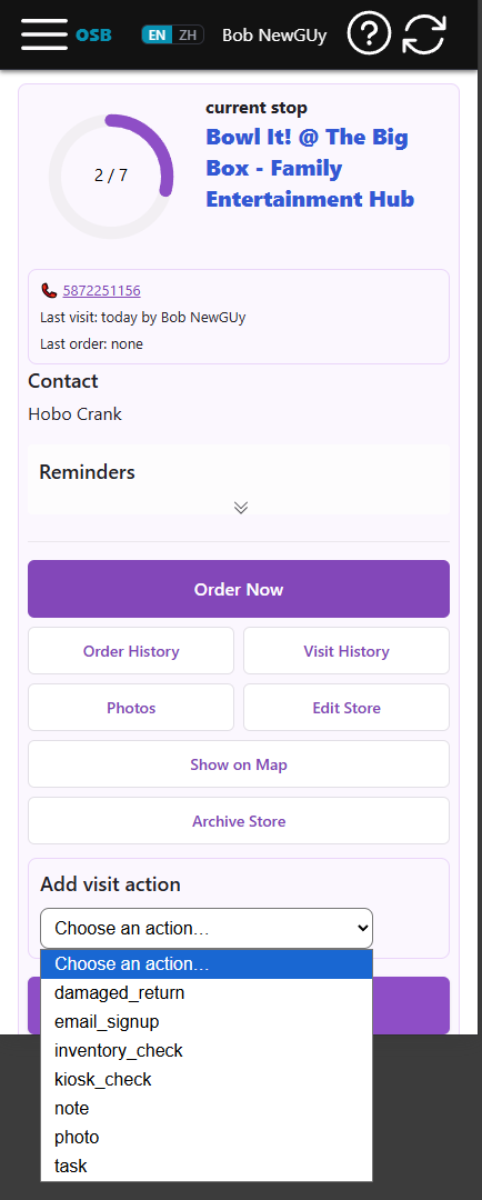 A rep's current-stop view in Orbit Sales: visit details, contact, order button, and the visit-action menu.