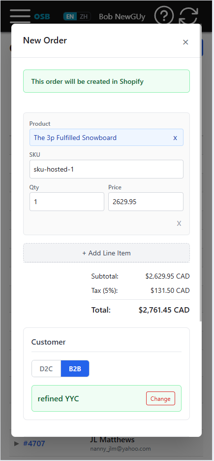 Placing a new order in Orbit Sales: line items, tax, total, and B2B customer, ready to charge or send a payment link.