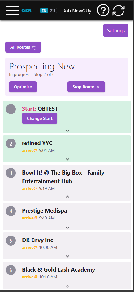An in-progress route in Orbit Sales: ordered stops with arrival times and an Optimize button.